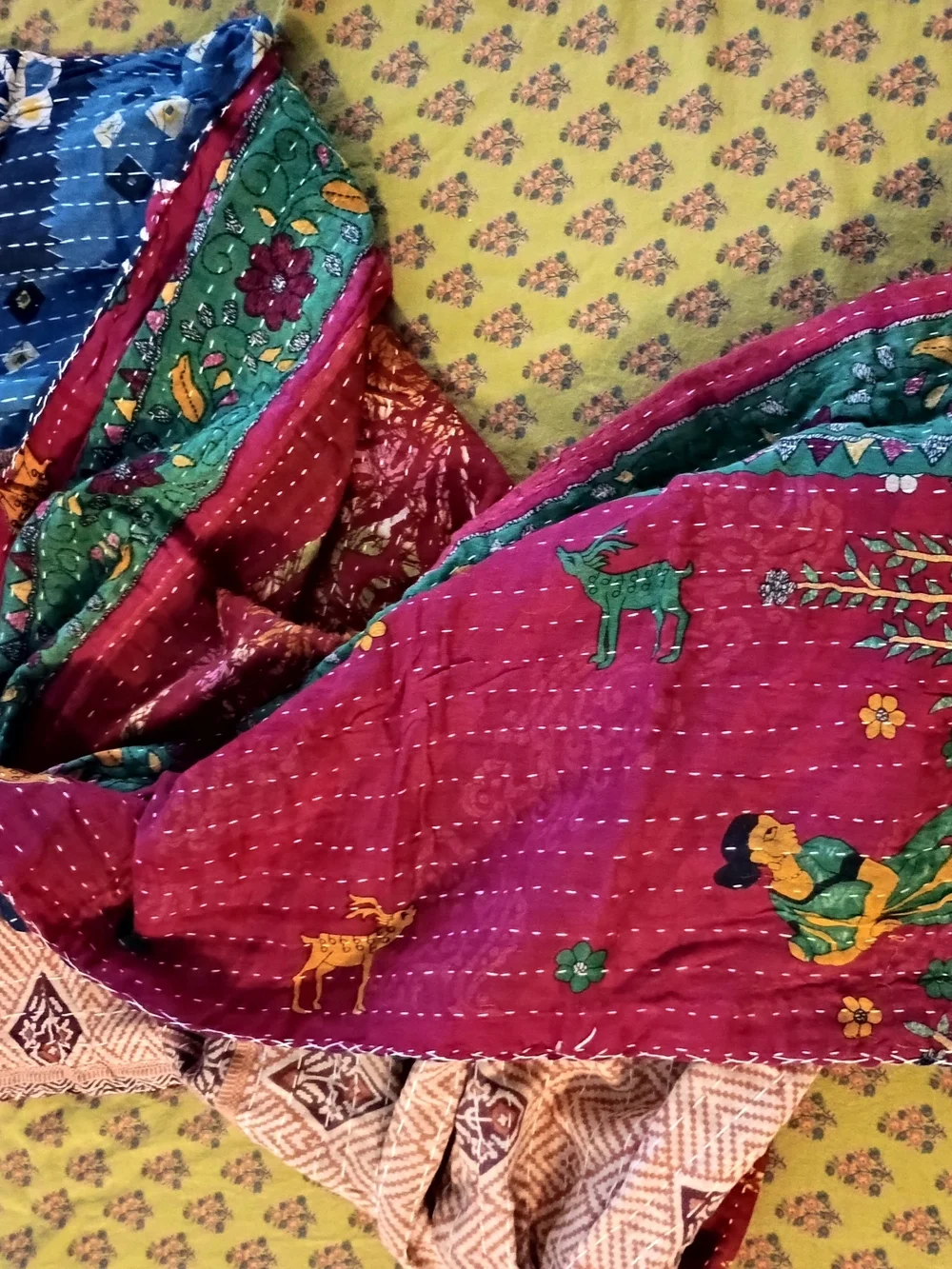 Handstitched Cotton Kantha Quilt in Blue and Peach